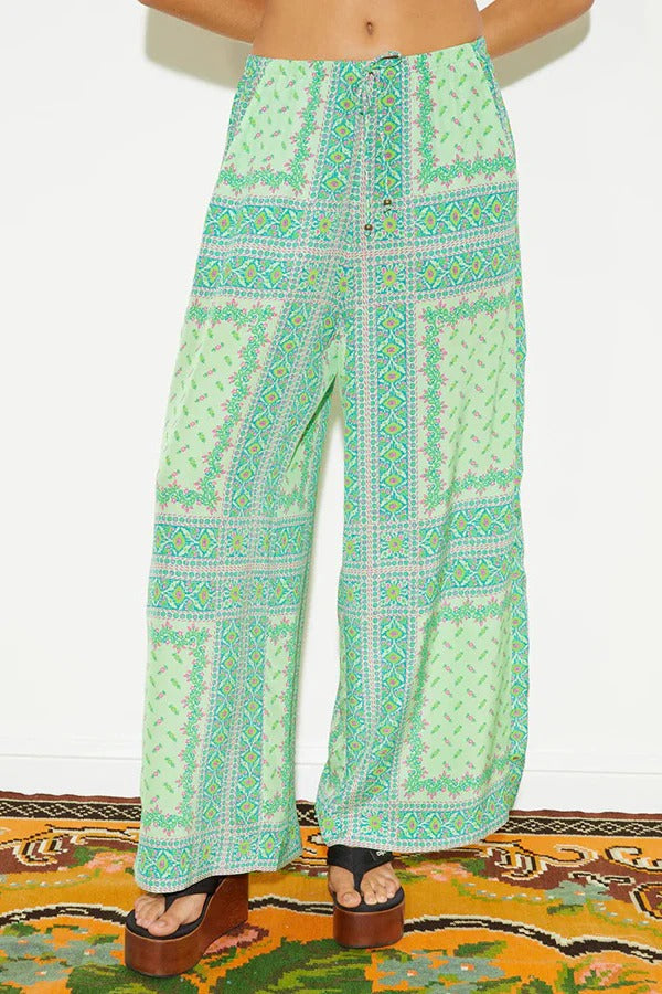 Splendor By The Sea Unique Print Elastic Waist Pocketed Wide Leg Pants Green