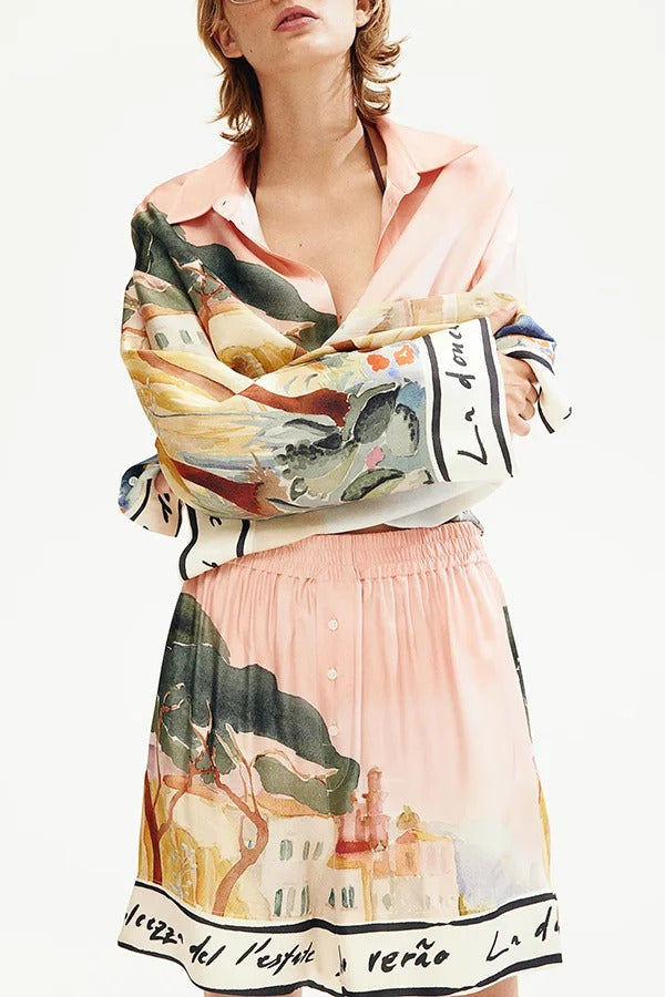 Unique Print Lapel Long Sleeve Loose Shirt and Elastic Waist Casual Pocket Shorts Set