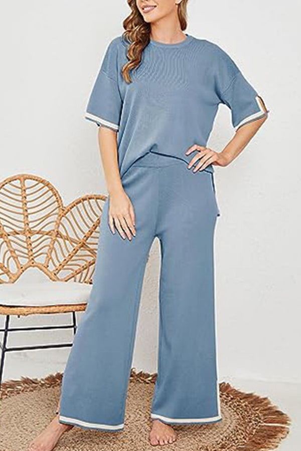Lounge or Casual Wear Knit Patchwork Color Block Short Sleeve Top and Elastic Wide Leg Pants Blue