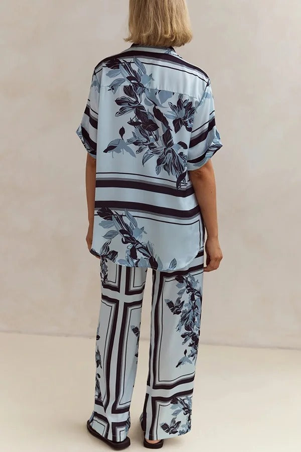 Fashionable Plant Print Loose Lapel Short Sleeve Shirt and Casual Elastic Waist Pocket Pants Set