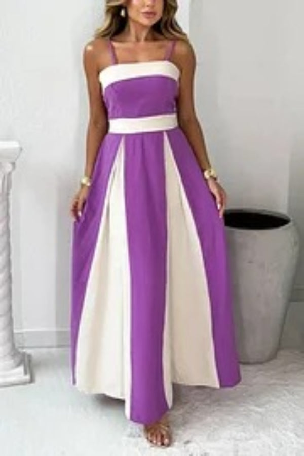 Fashion Contrast Color Sling Back Pleated Lace Up Maxi Dress Purple
