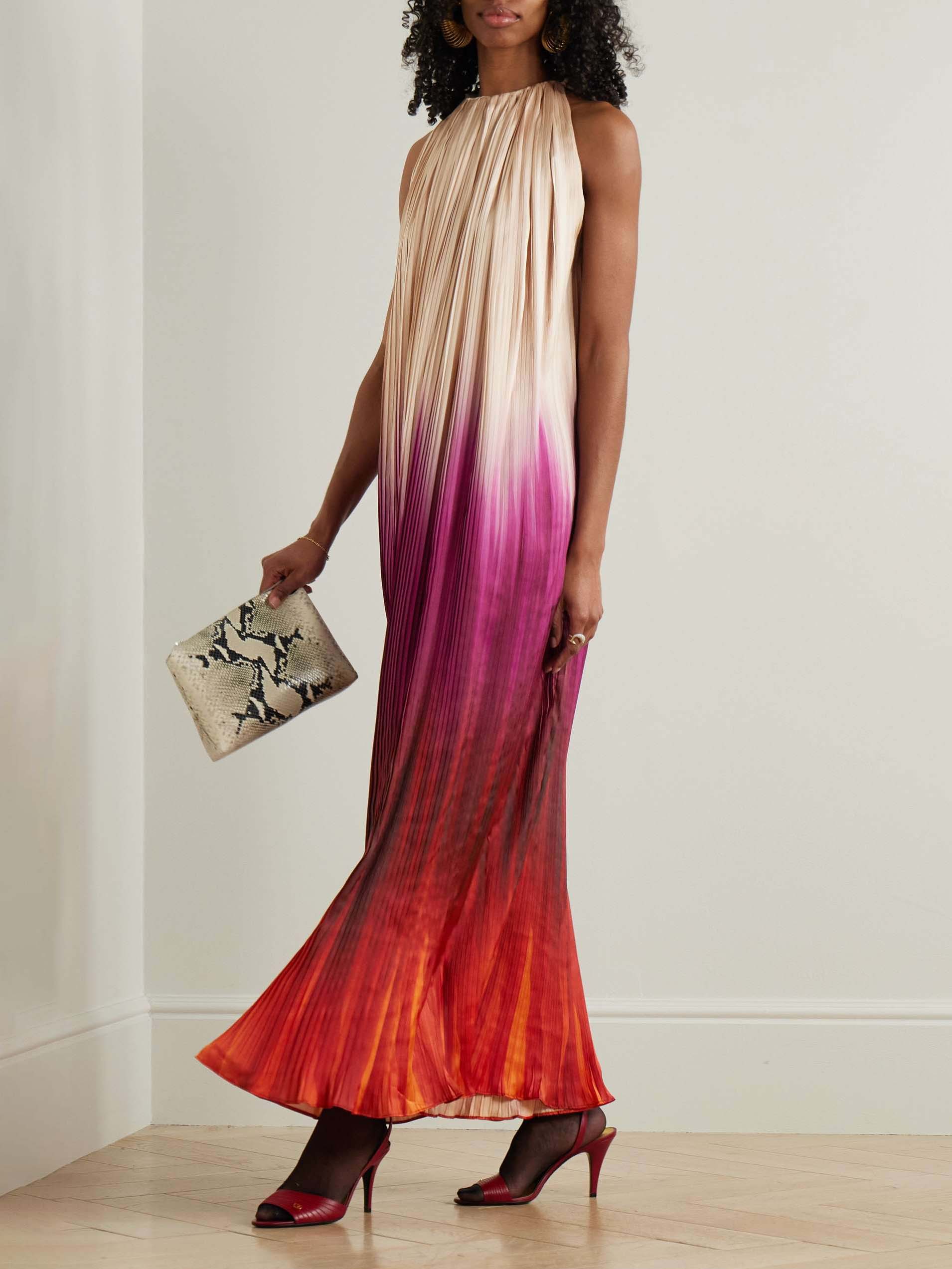 Elegant Gradient Pleated Print Halter Neck Maxi Dress