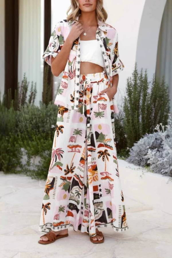 Loose casual short-sleeved shirt and wide-leg pants suit Multicolor