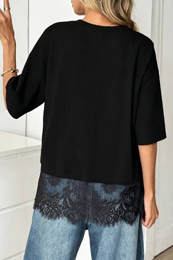 Casual Fake‑Two‑Piece Lace Hem Short Sleeve T‑Shirt