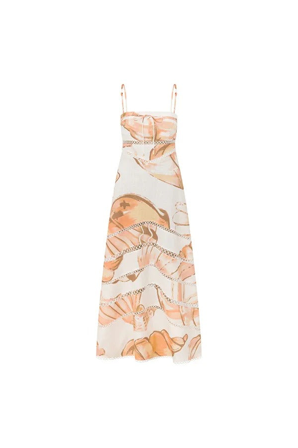 Daje Linen Blend Unique Print Round Hollow Trim Tie-up Bust Slip Maxi Dress