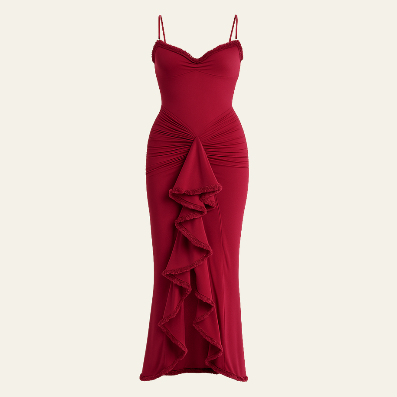 The Seville Draped Ruffle Evening Dress