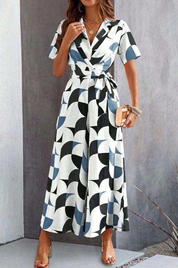 Women's Geometric Printed Short Sleeve Jumpsuit Black