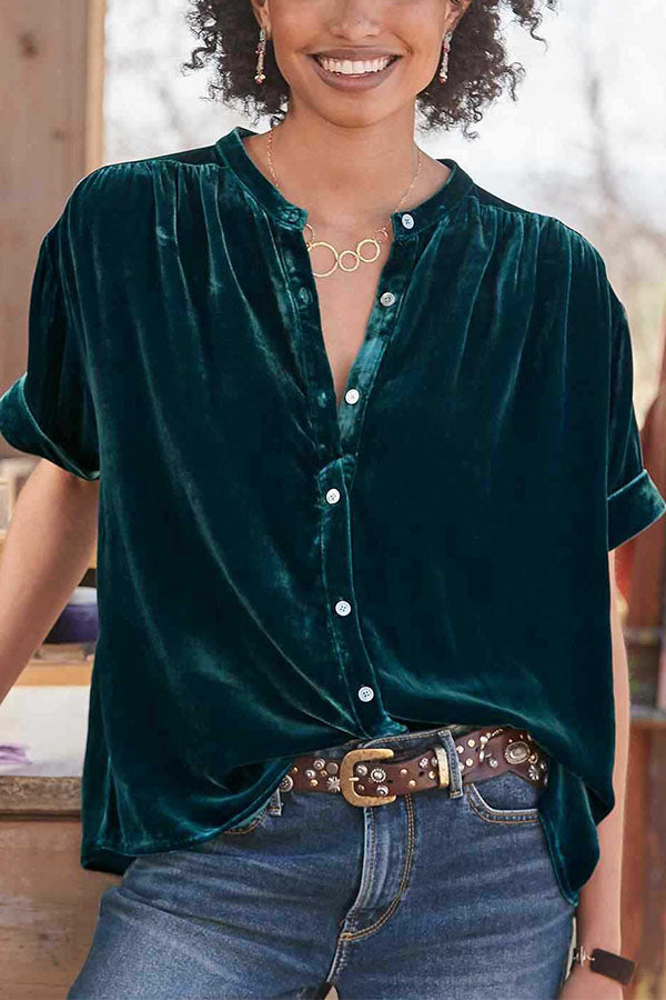 Velvet Solid Short Sleeve Round Neck Single Breasted Shirt Green
