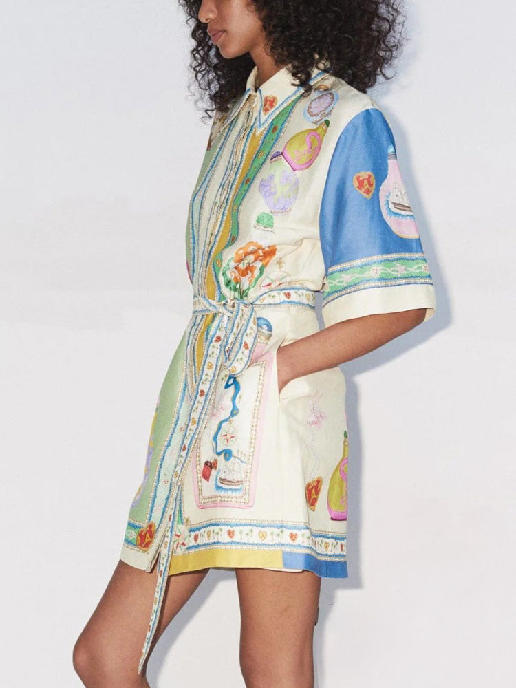 Einzigartiges, exquisites Mini-Cardigankleid mit Ölgemälde-Print und Schnürung