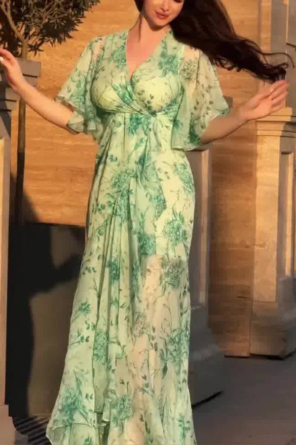 Bedrucktes Retro-Kleid mit V-Ausschnitt und Trompetenärmeln