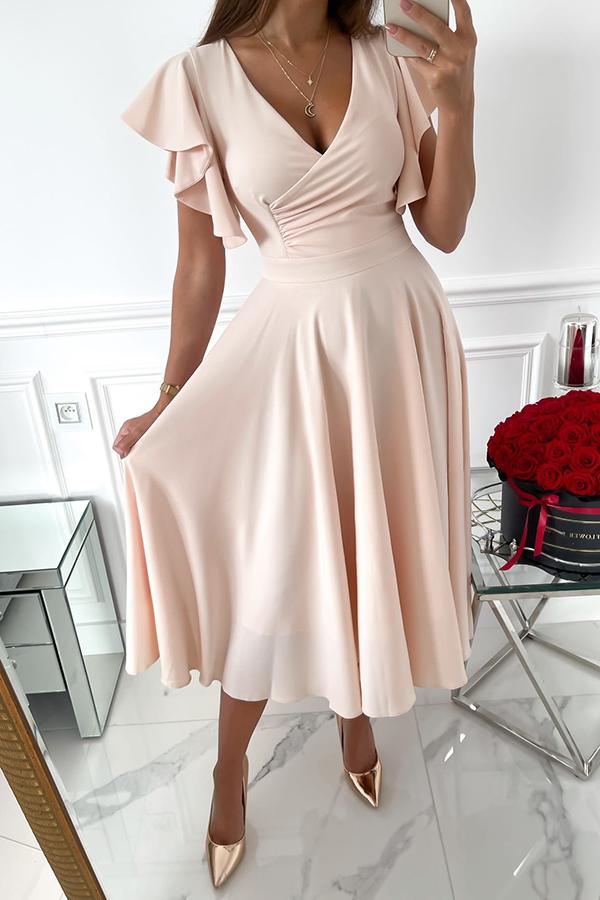 Ruffle Sleeves Midi Dress Beige