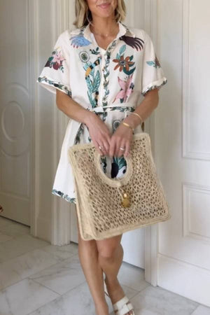 Minikleid mit Blumendruck, kurzärmliges Hemdkleid