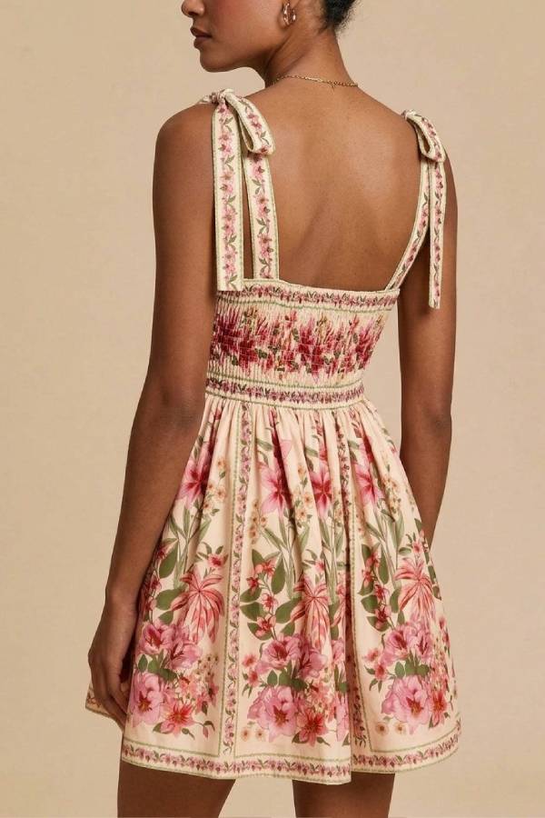 Vintage Floral Tie-Strap Mini Dress