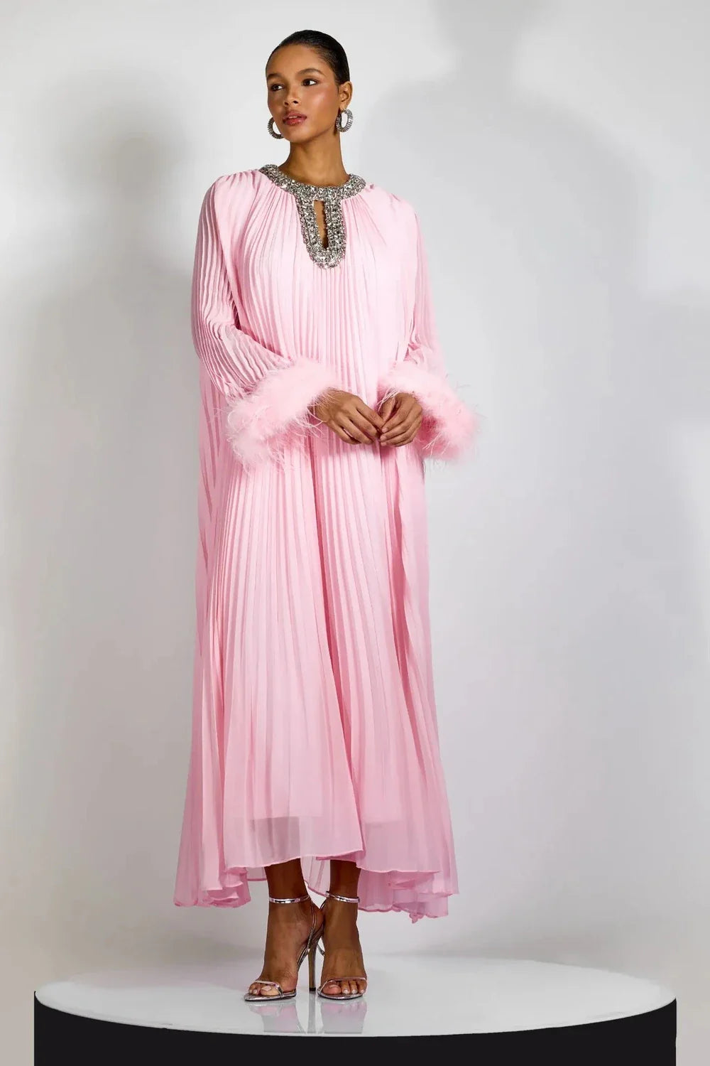 Calyra | Crystal-Trim Pleated Midi Dress