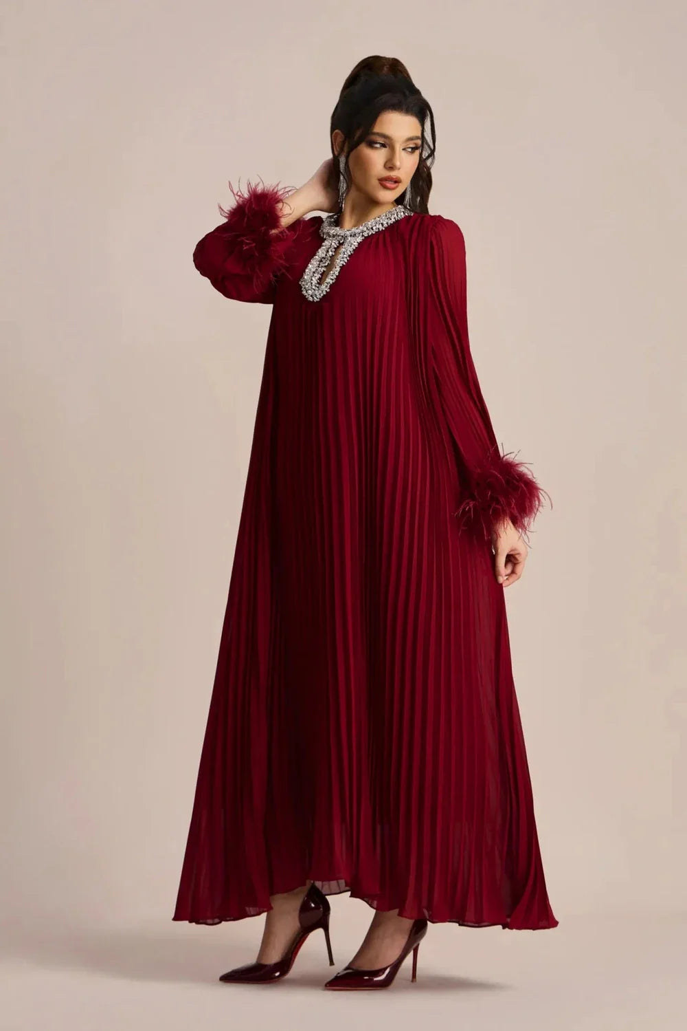 Calyra | Crystal-Trim Pleated Midi Dress