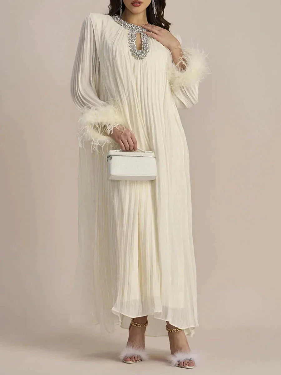 Calyra | Crystal-Trim Pleated Midi Dress
