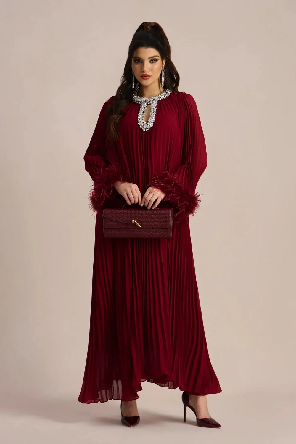 Calyra | Crystal-Trim Pleated Midi Dress