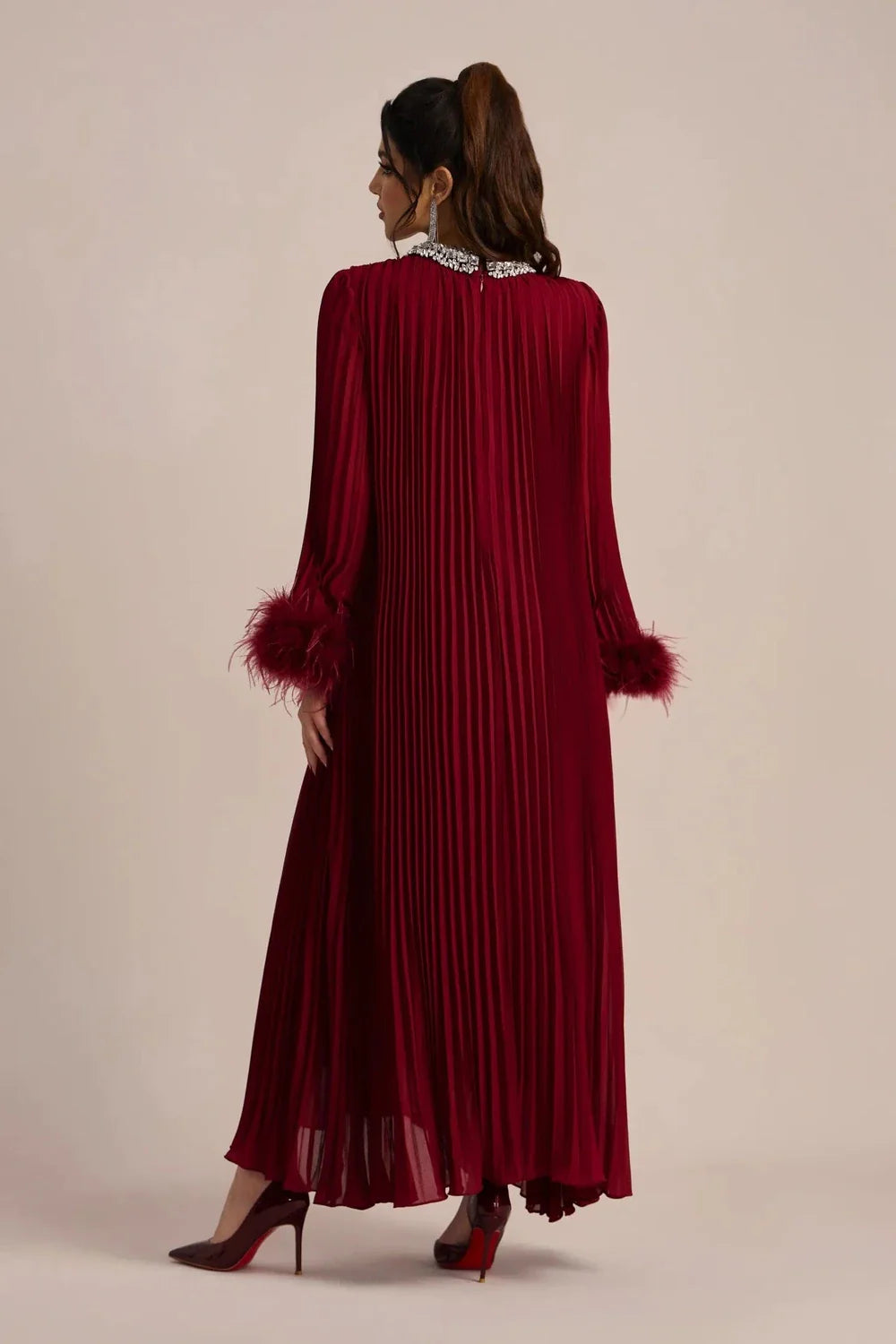 Calyra | Crystal-Trim Pleated Midi Dress