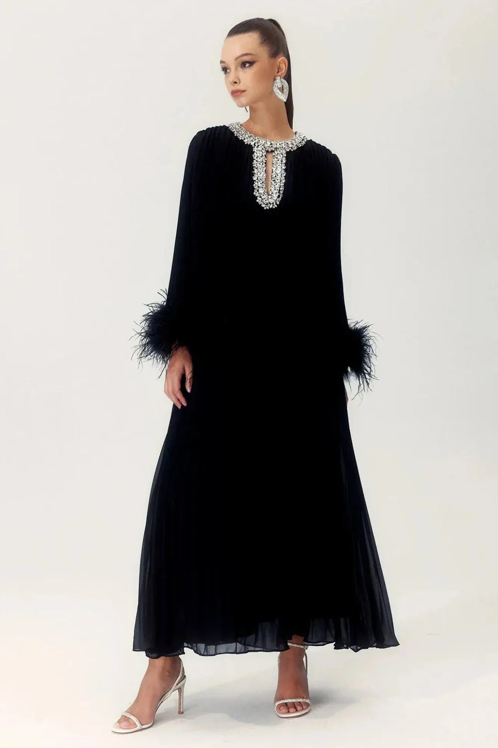 Calyra | Crystal-Trim Pleated Midi Dress