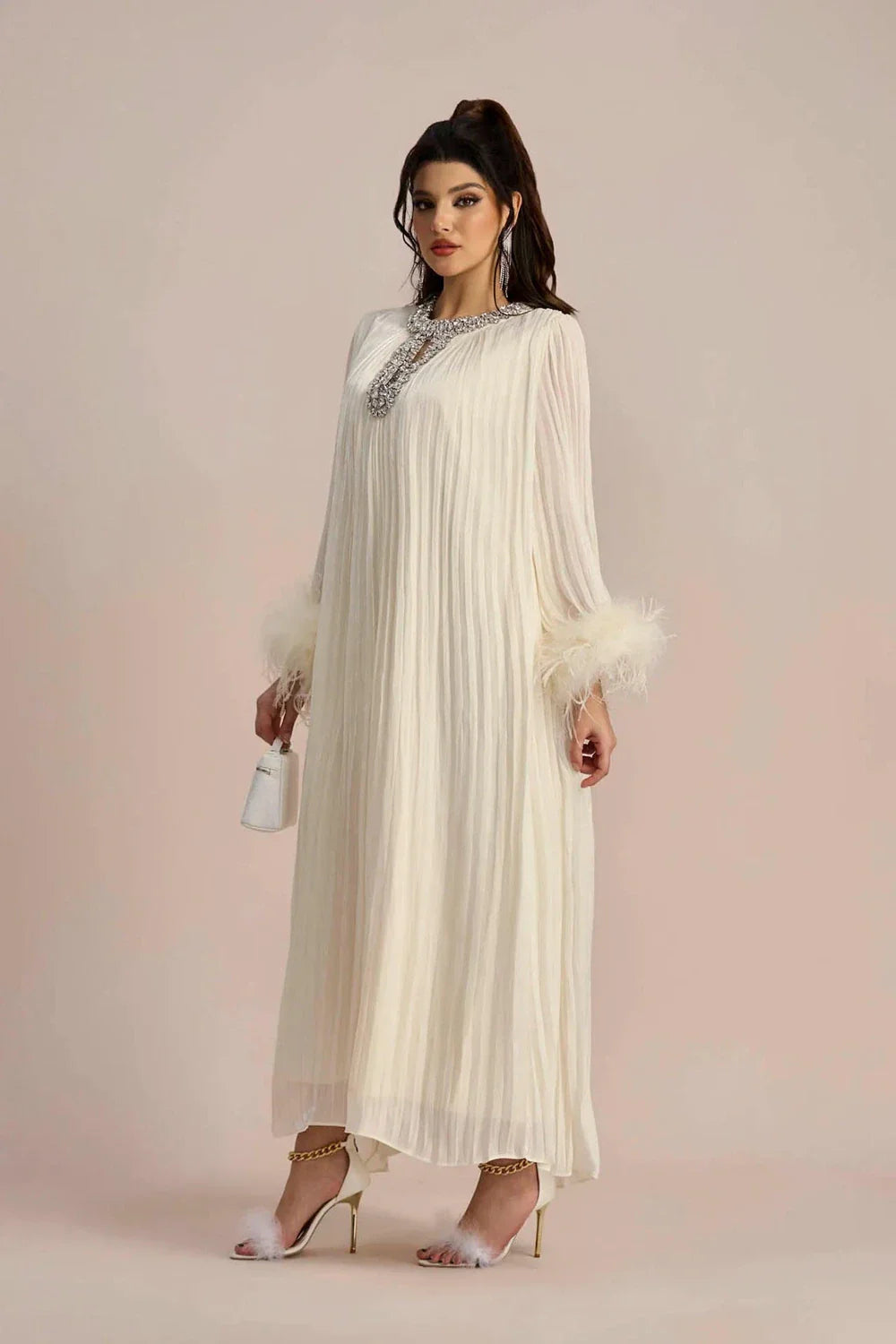 Calyra | Crystal-Trim Pleated Midi Dress