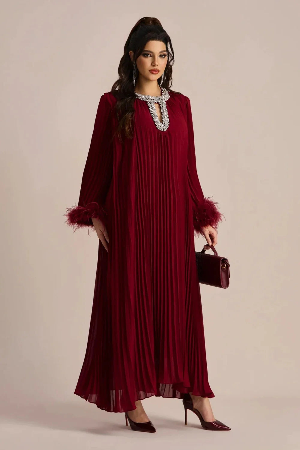 Calyra | Crystal-Trim Pleated Midi Dress