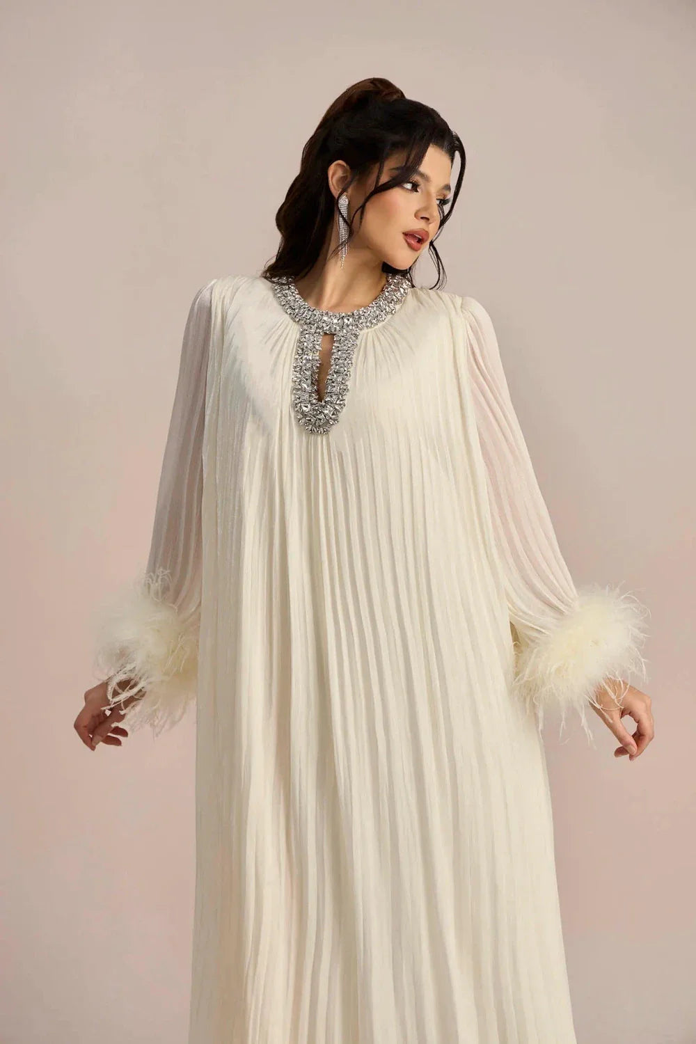Calyra | Crystal-Trim Pleated Midi Dress