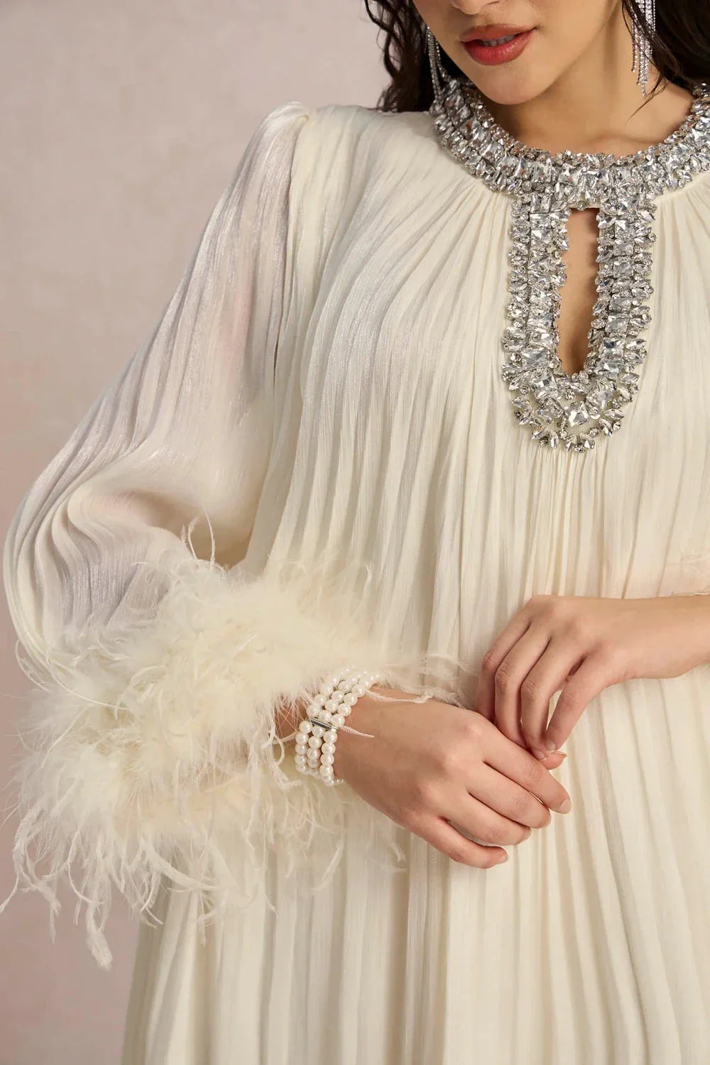 Calyra | Crystal-Trim Pleated Midi Dress