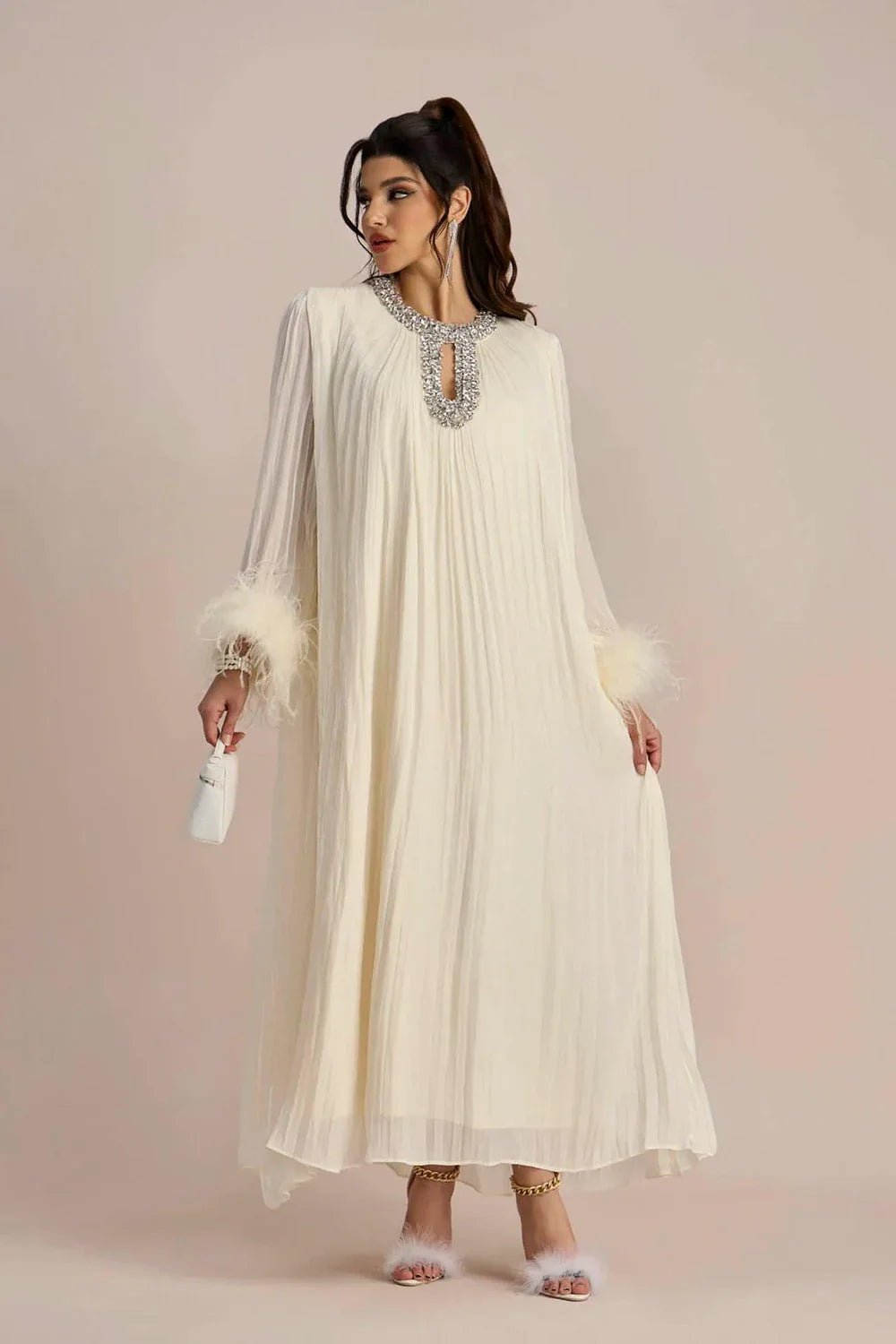 Calyra | Crystal-Trim Pleated Midi Dress