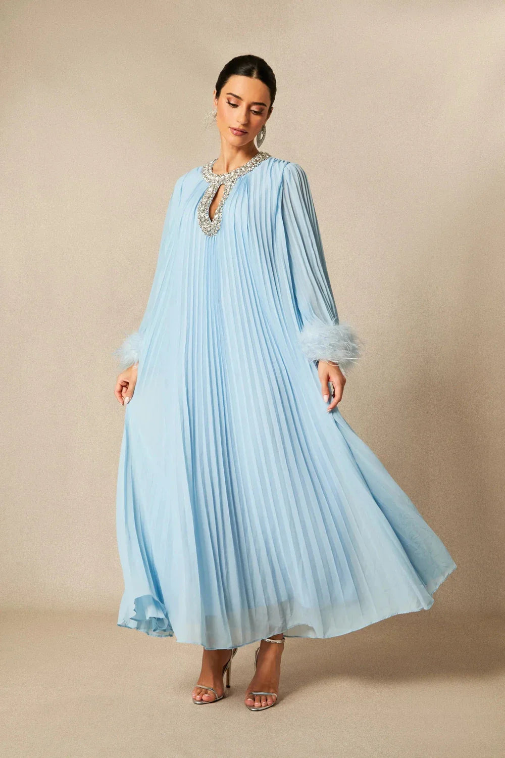 Calyra | Crystal-Trim Pleated Midi Dress