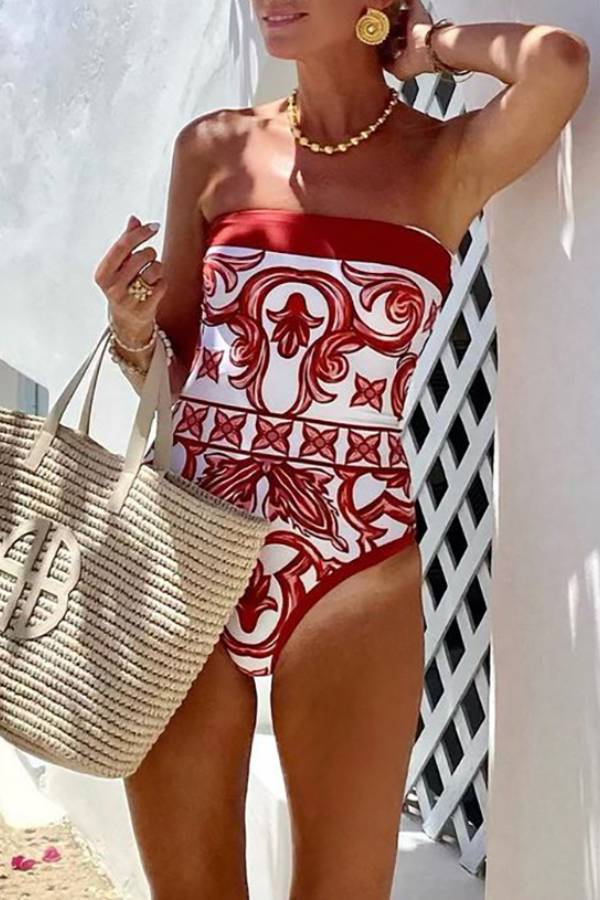 Red & White Majolica Print Halter Swimsuit with Matching Sarong Set