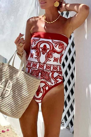 Red & White Majolica Print Halter Swimsuit with Matching Sarong Set