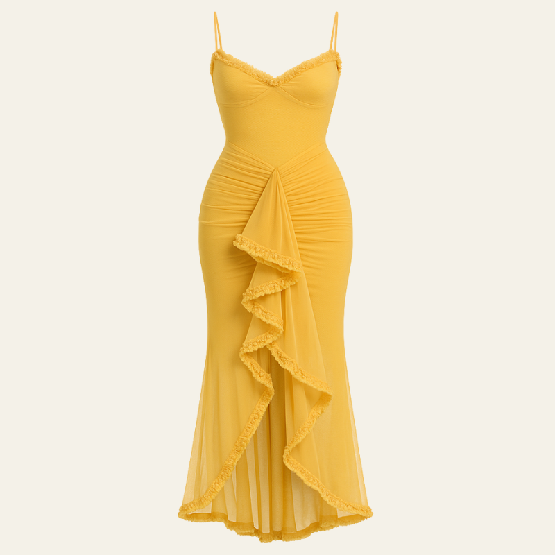 The Seville Draped Ruffle Evening Dress