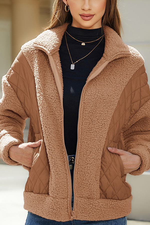Fashion long sleeve cardigan zipper plush patchwork women's jacket camel