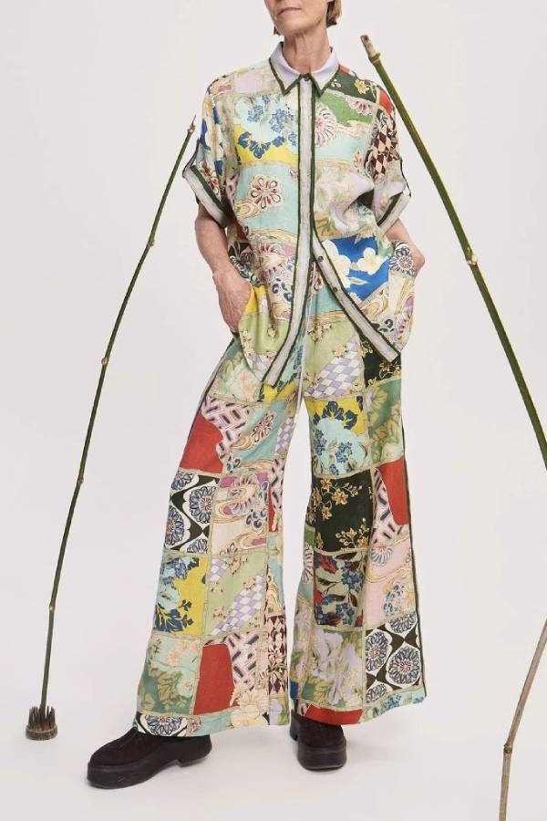 Vintage Patchwork Print Short Sleeve Shirt & Wide Leg Pants Loungewear Set