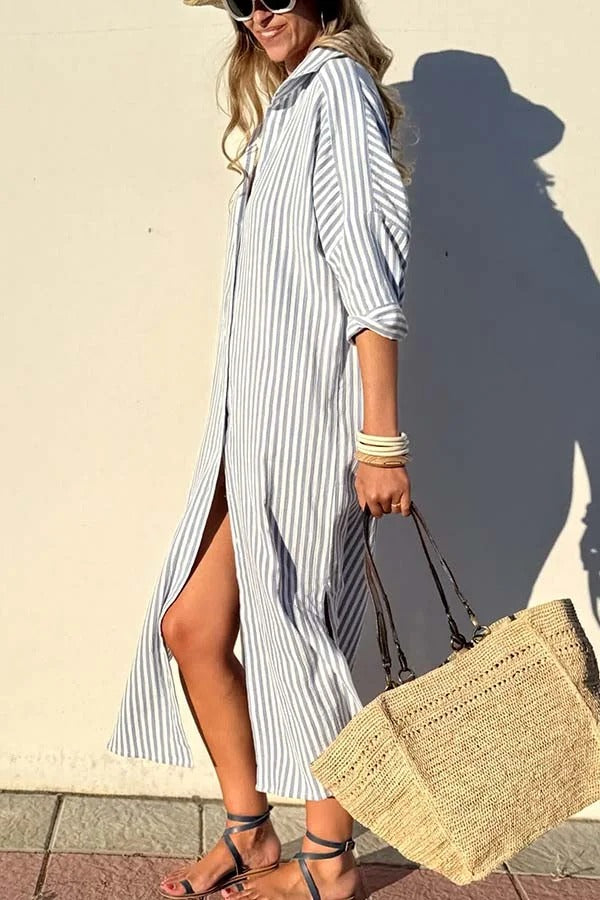 Robe chemise mi-longue boutonnée à rayures et manches mi-longues avec ceinture et poche
