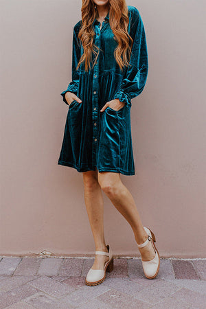 Velvet Double Pocket Shirt Collar Button Elegant Long Sleeve Dress Malachite green
