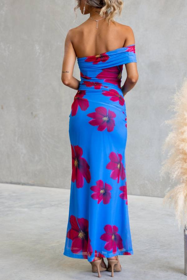 One-Shoulder Printed Mesh Bodycon Mermaid Maxi Dress