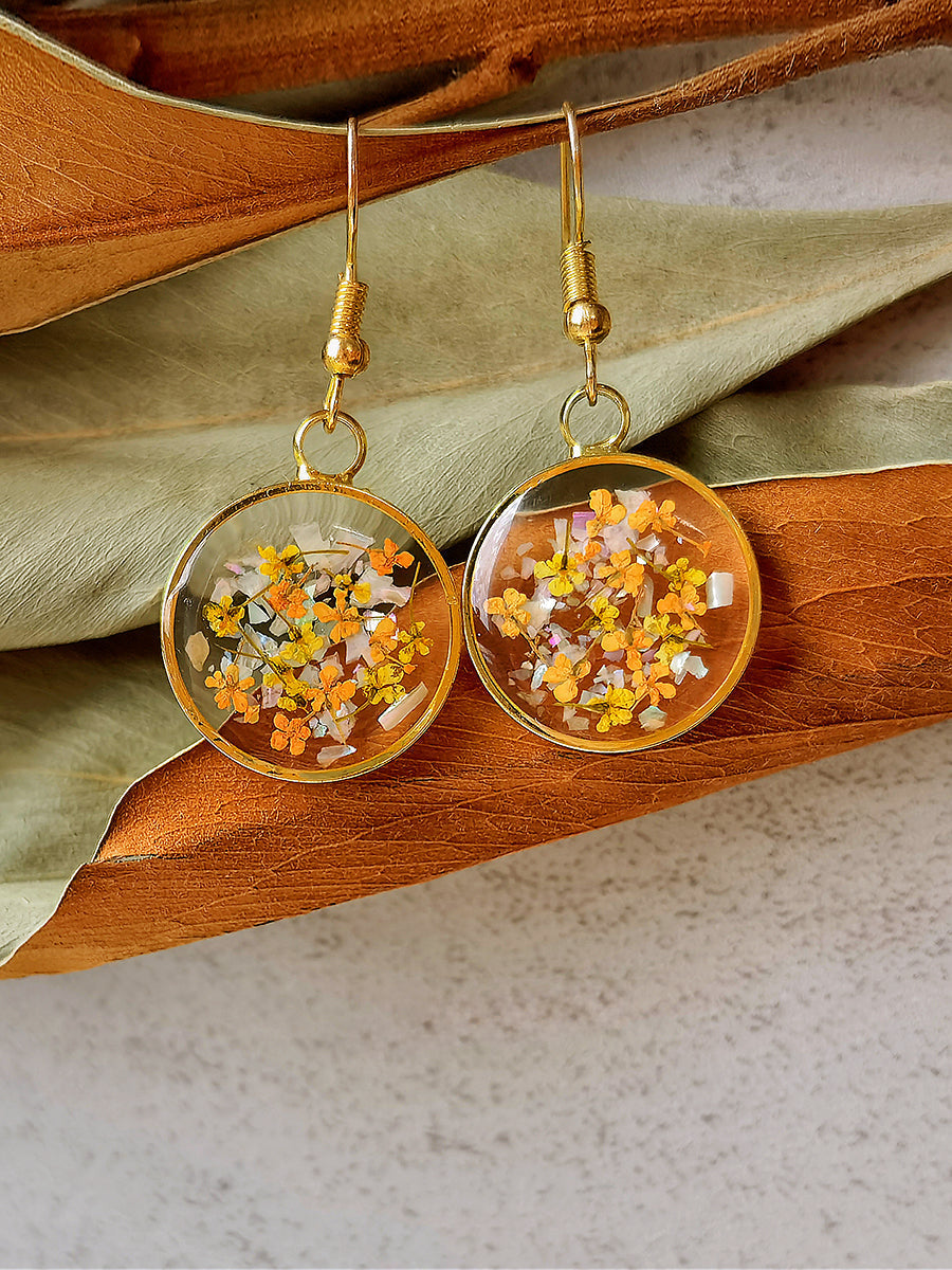 Pressed Flower Earrings -Yellow Lily Resin Gold one size