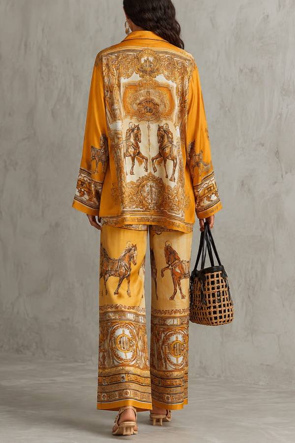 Orange Baroque Print Long Sleeve Shirt & Wide Leg Pants Two-Piece Set
