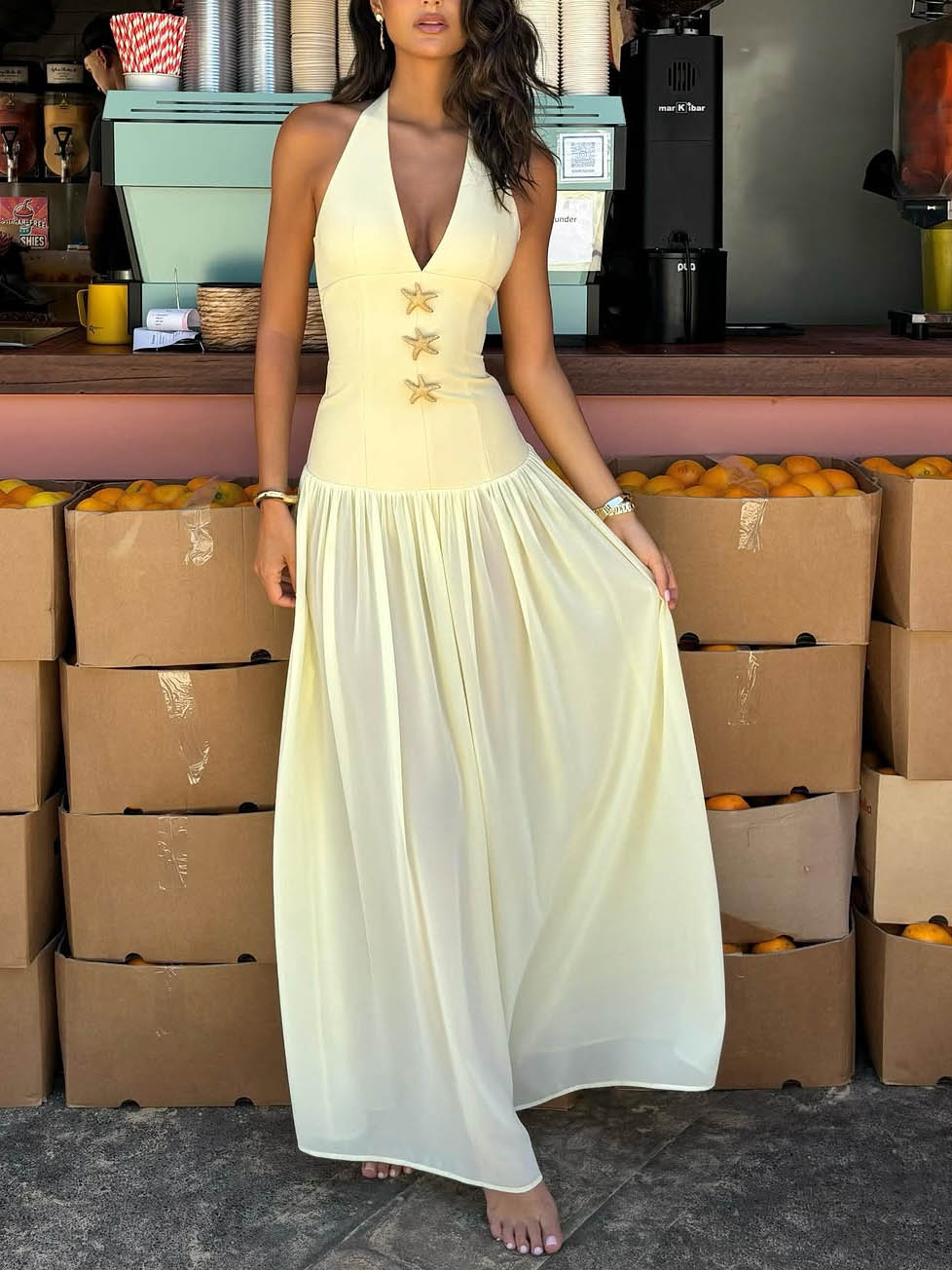 Robe longue dos nu à lacets et décolleté en V profond