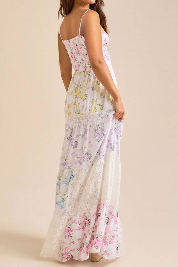Delicate Floral Lace Panel Cami Shirred Maxi Dress for Seaside Vacations & Romantic Getaways