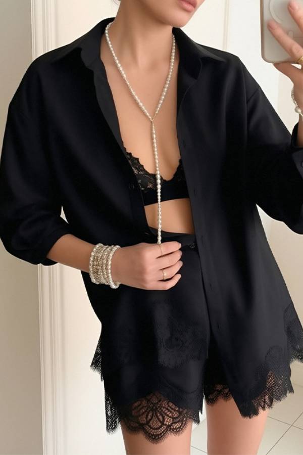 Lace‑Trim Long‑Sleeve Shirt & Shorts Two‑Piece Set