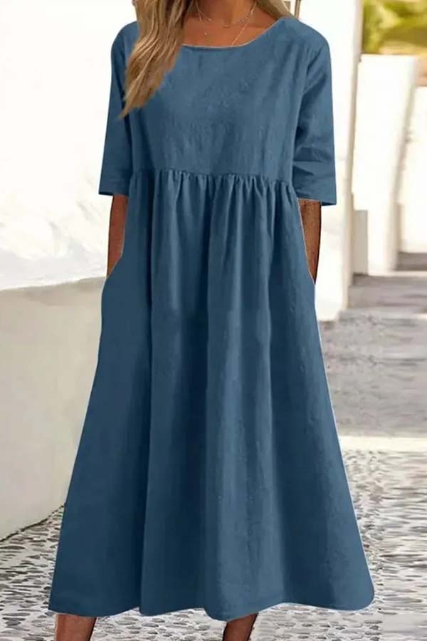 Summer Hot Sale -Round neck pocket halter cotton dress Navy blue