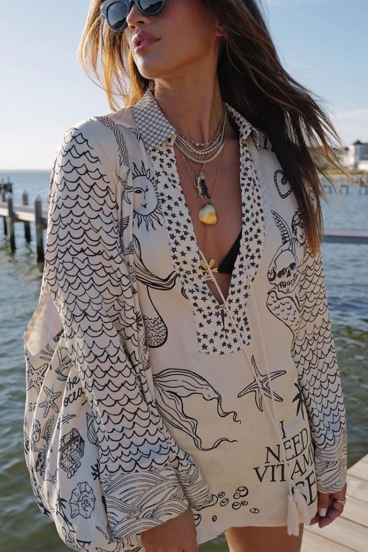 Live By Water Satin Unique Print Tassle Shirt and Elastic Waist Shorts Set Black