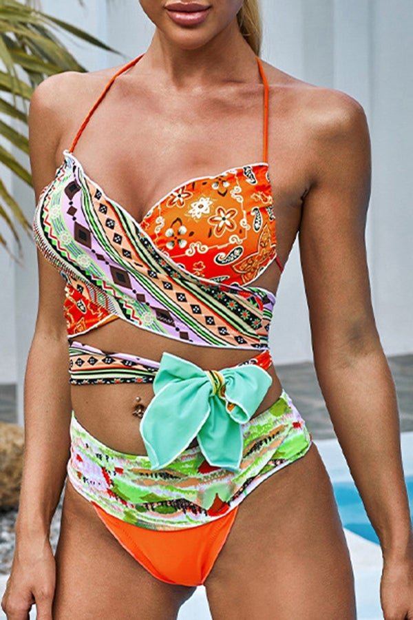 Contrasting Ethnic Print Bikini Orange