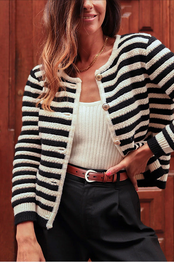 Black Contrast Striped Print Button Up Cardigan Black
