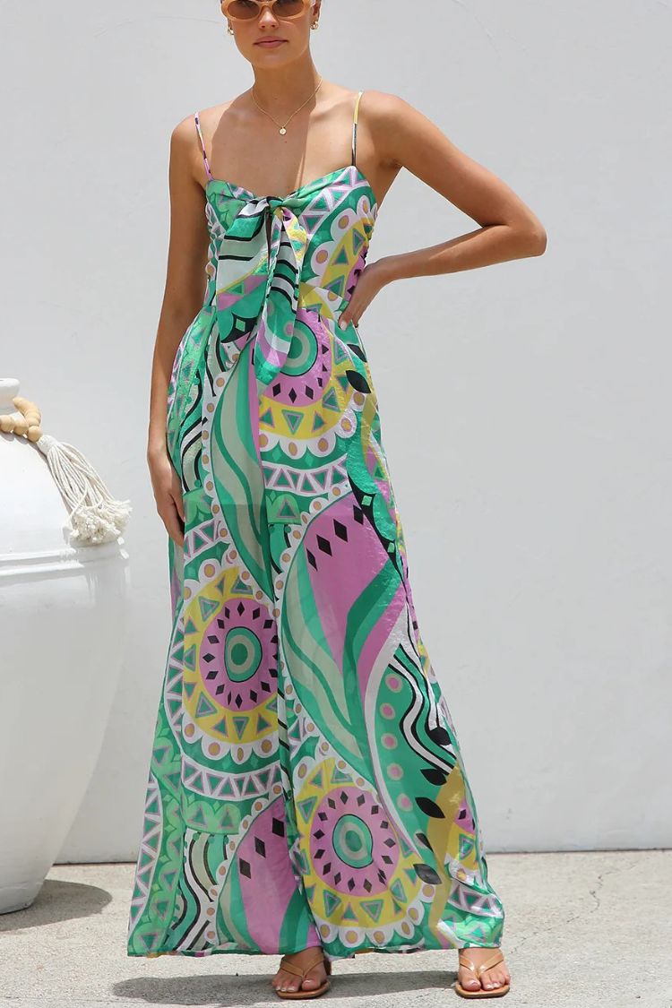 Unique Printed Suspender Back Pleated Pocket Wide-leg Jumpsuit Green