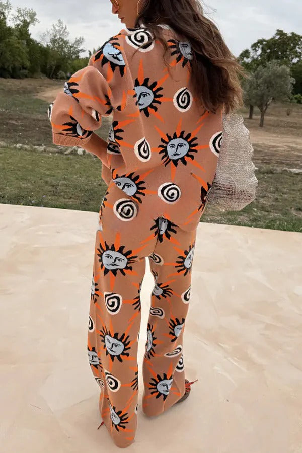 Pantalon large à taille élastique et imprimé tourbillon de soleil unique en tricot d'art méditerranéen 