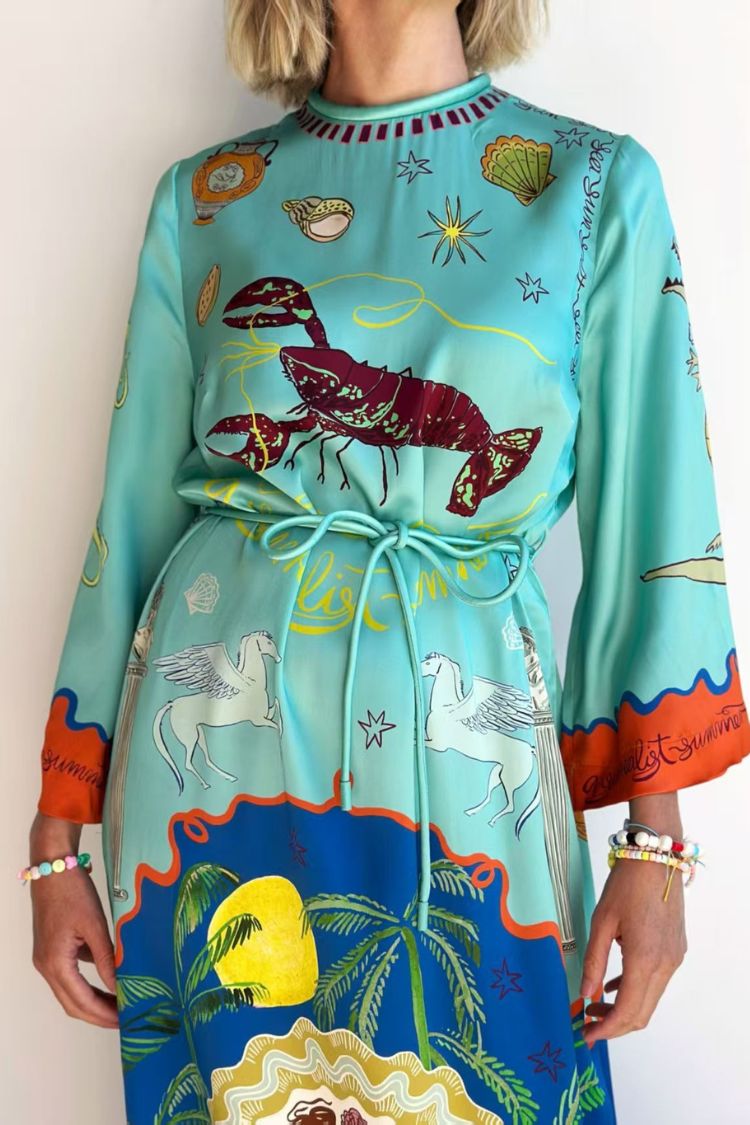 Satin Unique Print Long-sleeve Tie-waist Slit Maxi Dress