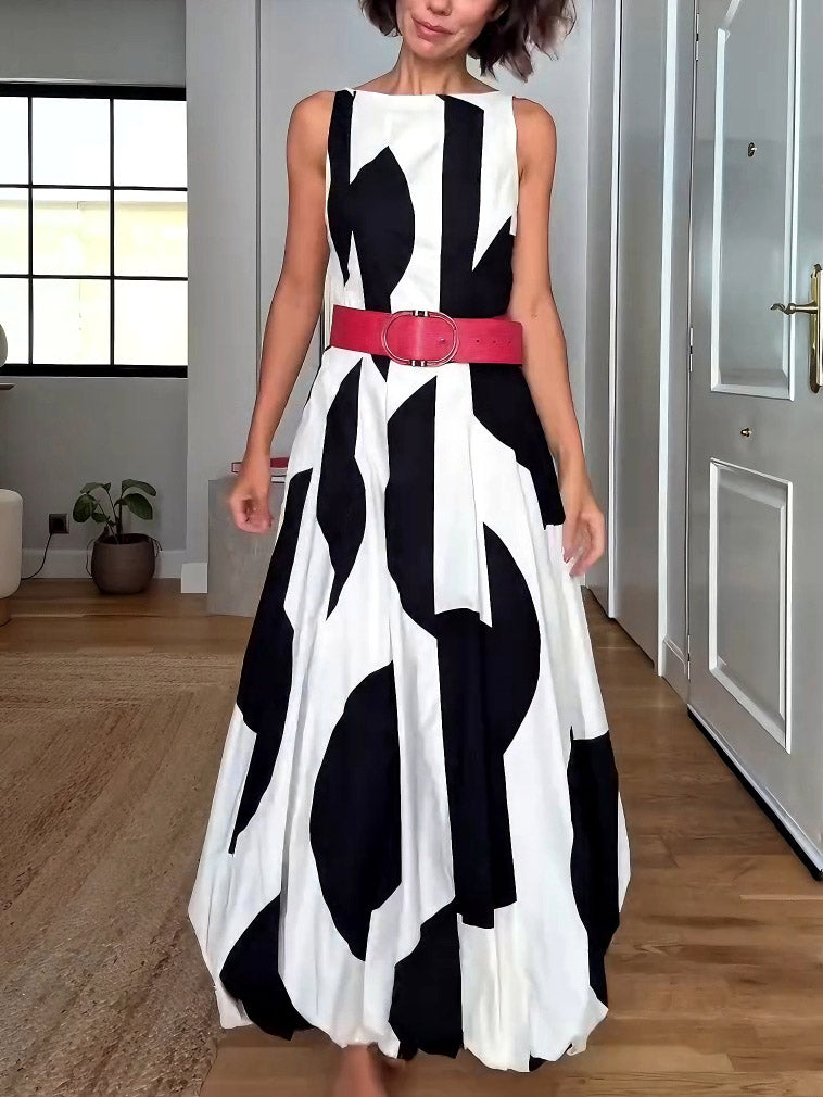 Elegant Classic Contrast Color Lantern Maxi Dress